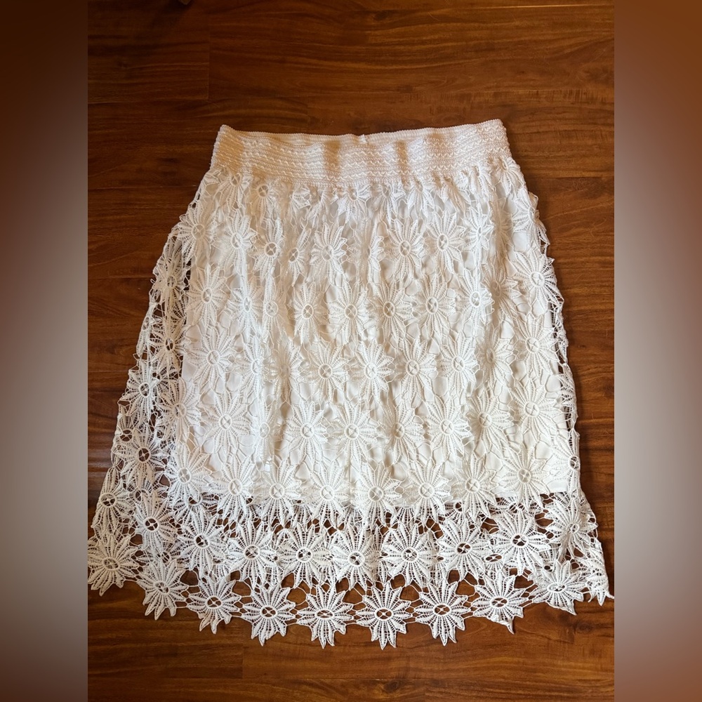 Studio West White Crochet Floral Midi Skirt